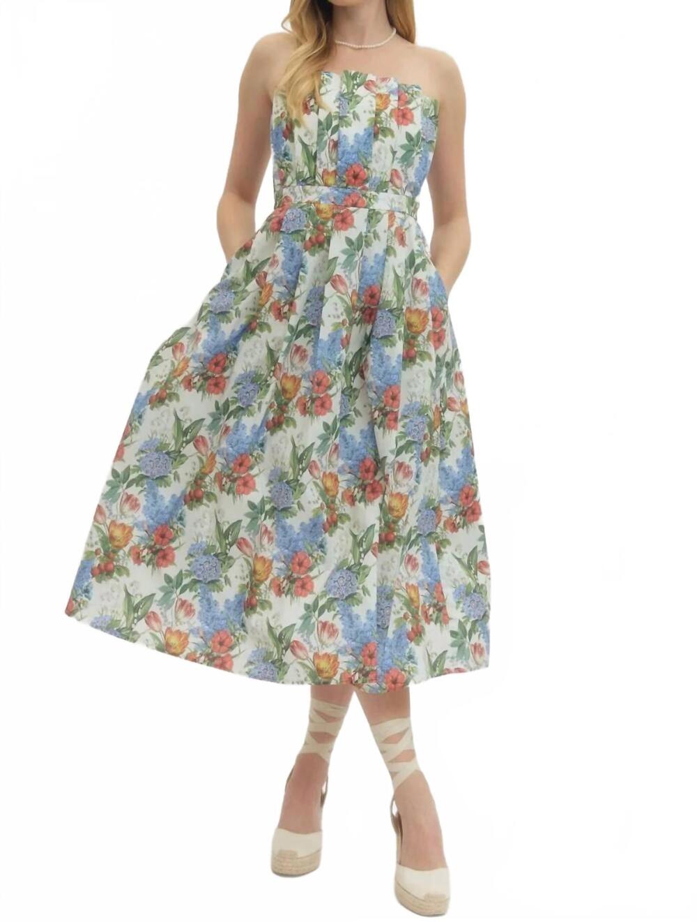 NEW ENTRO floral strapless pleated midi dress in cream